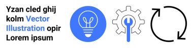 Yenilik, bakım stratejisi, işlem optimizasyonu, iş akışı, teknoloji gelişimi ve problem çözme. Bir ampul, ingiliz anahtarı ve dairesel oklarla donatılmış ikonlar. Yenilik