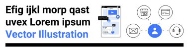 Dijital iletişim, kullanıcı etkileşimi, çevrimiçi ağ, mobil uygulamalar, iş hizmetleri, müşteri ilişkileri. Çeşitli bağlı simgeler ve kullanıcı ögesiyle mobil uygulama arayüzü. Dijital