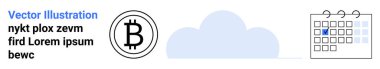Kripto para birimi, finans yönetimi, dijital varlıklar, planlama, bulut hesaplama, veri depolama. Bulut ve takvim ikonlu bitcoin sembolü. Kripto para birimi ve finans yönetimi kavramı