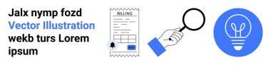 Ödeme yönetimi, yaratıcılık, fikir üretimi, iş analizi, finansal inceleme, fatura çözümleri. Bir fatura, büyüteç ve mavi ampul simgesi. Ödeme yönetimi ve yaratıcılık