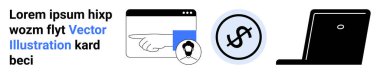 Finans, teknoloji, e-ticaret, web navigasyon, çevrimiçi öğrenme, dijital güvenlik. Bir web sayfasında minimalist el işaretçisi, dolar işareti ve dizüstü bilgisayar simgesi. Finansal ve teknolojik görüntüler