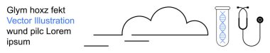 Bulut bilgisayarı, genetik araştırma, biyoteknoloji, sağlık, laboratuvar teknolojisi, veri depolama. Bulut minimalist çizgisi sanatı, test tüpünde DNA ve stetoskop. Bulut hesaplama ve genetik araştırma