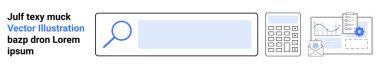 Veri görselleştirme, arama süreçleri, analitik gösterge panelleri, finans araçları, teknoloji kavramları, verimlilik. Arama çubuğu ve hesap makinesi ve grafikler dahil çeşitli simgeler. Arama işlemleri ve verileri