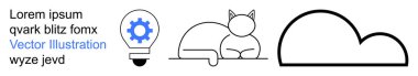 Yenilik, teknoloji, yaratıcılık, evcil hayvanlar, basitlik, bulut depolama. Dişli ikonlu ampul, kedi çizgisi ve siyah çizgili bulut grafiği. Yenilik ve teknoloji kavramı
