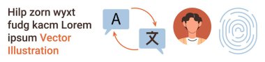Dil hizmetleri, dijital güvenlik, kimlik doğrulama, iletişim, teknoloji ve biyometri. İçinde harfler olan konuşma baloncukları, bir insan sembolü ve parmak izi. Dil hizmetleri ve dijital