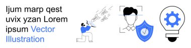 Çevrimiçi güvenlik, yenilik, yazılım geliştirme, dijital kimlik, problem çözme, teknoloji kavramları. Aletleri ve simgeleri olan bir insan bir kalkanı, vitesi ve ampulü onaylar. Siber Güvenlik