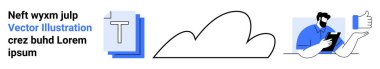 Bulut teknolojisi, dijital depolama, çevrimiçi iletişim, takım çalışması, iş verimliliği, uyumluluk. Bulutlu minimalist illüstrasyon, metin belgeleri ve elinde cihaz tutan bir kişi. Bulut