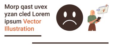 Duygular, navigasyon, dijital teknoloji, konum hizmetleri, iletişim, kullanıcı deneyimi. Tablette yer haritası olan üzgün yüz sembolü. Duygular ve gezinti