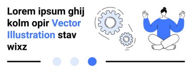 Dönen dişliler, soyut metin blokları ve tasarım elementlerinin yanında meditasyon poziyonunda birey. Farkındalık, sağlık, verimlilik, takım çalışması, odaklanma, basit iniş sayfası için ideal