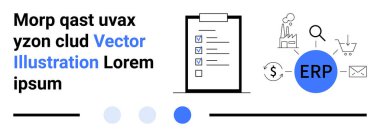 Tamamlanmış görevleri olan dijital kontrol listesi, ERP yazılım ikonu, atölye arabası, fabrika, zarf, büyüteç. İş yönetimi, sanayi planlaması, görev organizasyonu iş akışı optimizasyonu için ideal