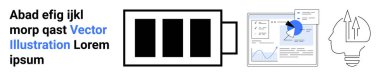 Veri görselleştirme, enerji verimliliği, yenilik, iş araçları, dijital medya, yaratıcı düşünce. Batarya simgesi, veri göstergesi ve oklu ampul. Yenilik ve veri görselleştirmesi