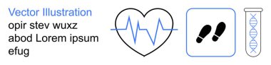 Sağlık takibi, fitness teknolojisi, genetik test, tıbbi yenilik, yaşam tarzı izleme, veri analizi. EKG çizgisi olan kalp, ayak izi ikonu DNA ipliği. Sağlık izleme ve zindelik teknolojisi