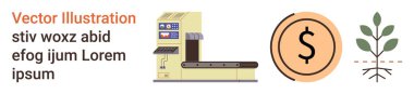 Otomasyon, finans, sürdürülebilirlik, yenilik, çevresel büyüme, yenilenebilir kaynaklar. Bir üretim makinesi, bir dolar sembolü ve bir fidan. Otomasyon ve finans odaklanarak gösterilmiştir