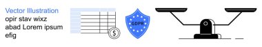GDPR uyum, veri koruma, gizlilik yasaları, yasal denge, güvenli işlemler, finansal şeffaflık. Kalkan, GDPR, yasal denge ölçeği ve döviz işaretli belge. GDPR ve veri