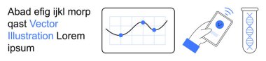 Veri analizi, bilimsel araştırma, biyoteknoloji, teknoloji entegrasyonu, sağlık izleme, eğilim tahminleri. Bir grafik, akıllı telefon ve DNA test tüpü ikonu. Veri analizi ve bilimsel araştırma