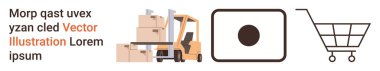 E-ticaret, lojistik, envanter, online alışveriş, perakende, ambalaj. Forklift taşıyıcı kutular, barkod ve alışveriş arabası. Envanter sistemleri ve perakende satış ile ilgili e-ticaret ve lojistik kavramlar