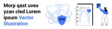 Dijital gizlilik, siber güvenlik, çevrimiçi güvenlik, VPN araçları, sağlık teknolojisi, kullanıcı bağlantısı. VPN kalkanlı dünya, tıbbi veri kullanıcı dosyası. Dijital mahremiyet ve siber güvenlik kavramı