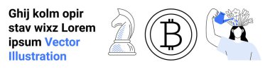 Strateji, teknoloji, finans, yaratıcılık, engelleme zinciri, kişisel gelişim. Satranç şövalyesi, Bitcoin sembolü ve kafasından çıkan çiçekleri sulayan bir kadın. Strateji ve teknoloji kavramları