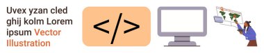 Yazılım geliştirme, kodlama eğitimi, takım çalışması, dijital işbirliği, çevrimiçi öğrenme, web geliştirme. Kodlama sembolü, bilgisayar monitörü ve bir dünya haritası sunan karakter. Kodlama eğitimi