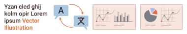 Dil çevirisi, veri analizi, iletişim, iş dünyası, küresel ağ, eğitim kavramları. Konuşma baloncukları, grafikler ve grafikler birbirine bağlı. Dil çevirisi ve veri analizi