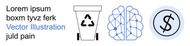 Çevresel bakım, teknolojik yenilikler, ekonomik büyüme, atık yönetimi, sürdürülebilirlik, yapay zeka destekli çözümler. Geri dönüşüm sembollü çöp kutusu, sinirsel beyin dolar işareti. Geri dönüşüm ve teknoloji