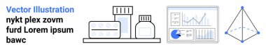Haplar, şişeler, veri analizi çizelgeleri ve geometrik şekilli gösterge paneli. Tıp, sağlık, araştırma, eczane, istatistik analizi için ideal basit bir iniş sayfası