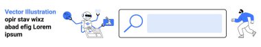 Teknoloji geliştirme, otomasyon, veri arama, dijital araçlar, yenilik, yapay zeka sistemleri. Robot pano tutuyor, arama çubuğu çalışıyor. Teknoloji geliştirme ve otomasyon