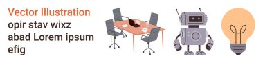 Yenilik, teknoloji, ofis çalışma alanı, robot bilimi, yaratıcılık, beyin fırtınası. Sandalyeli bir masa, bir robot ve bir ampul. Yenilik ve teknoloji robotun ve ampulün yanında.