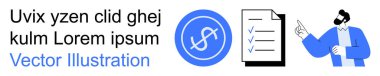 Finans yönetimi, iş organizasyonu, bütçe, görev takibi, hedef belirleme, verimlilik. Dolar sembolü, görev listesindeki adam görevleri gösteriyor. Finans yönetimi ve iş organizasyonu kavramı