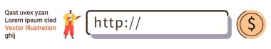 Çevrimiçi işlemler, ödeme sistemleri, e-ticaret, dijital finansman, kullanıcı etkileşimi, sanal hizmetler. Yanında bir dolar sembolü ve bir kişi olan URL çubuğu. Çevrimiçi işlemler ve ödeme sistemleri