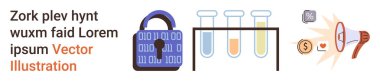 Siber güvenlik, veri koruması, bilimsel araştırma, dijital pazarlama, teknoloji ikonları, finansal büyüme. Bir asma kilit, test tüpleri ve megafon. Siber Güvenlik ve Bilimsel Araştırma