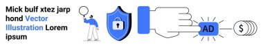Balonu tutan adam, kilidi olan kalkan, reklam tuşuna basan el ve dolar sembolü. Pazarlama, dijital güvenlik, çevrimiçi reklamlar, veri koruması, para kazanma basit iniş sayfası için ideal