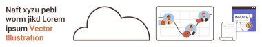 Bulut depolama, iş finansmanı, dijital iletişim, uzaktan ağ paylaşımı, veri paylaşımı, profesyonel yönetim. Bir bulut simgesi, bağlı profiller ve bir fatura. Bulut depolama ve iş