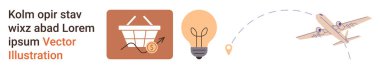 E-ticaret, fikirler, yenilik, seyahat, online alışveriş, lojistik. Alışveriş sepeti ve bozuk para, ampul uçak ve harita broşu. E-ticaret ve yenilik kavramı