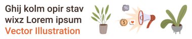 Dijital pazarlama, finans, markalaşma, iletişim, ev dekorasyonu, ekolojik kavramlar. Hoparlörlerin ve madeni para simgelerinin yanına saksı bitkileri. Dijital pazarlama ve finansal görselleştirme kavramı
