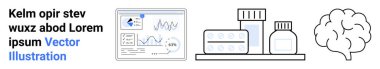 Sağlık, ilaç, beyin sağlığı, veri analizi, araştırma, teşhis. Grafik arayüzü, ilaç şişeleri beyin taslağı. Yenilik ve refah için sağlık ve ilaç konsepti