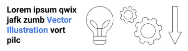 Yenilik, yaratıcılık, iş geliştirme, iş akışı, teknik fikirler, problem çözme. Ampul, dişli ok ve numune metnin minimalist tasarımı. Yenilik ve yaratıcılık kavramı