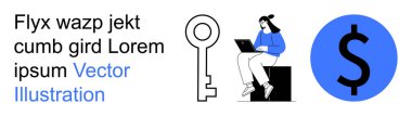 Veri güvenliği, finans, dijital özgürlük, çevrimiçi girişimcilik, başarı, erişim. Bilgisayarda çalışan kişi bir anahtar ve dolar sembolünün yanında. Veri güvenliği ve finans kavramları