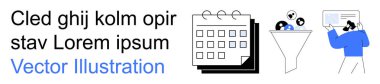 Veri yönetimi, iş analizleri, programlama, verimlilik, iş akışı optimizasyonu ve dijital araçlar. Simgeli bir huni, takvim ve ekranı kullanan bir insan. Veri yönetimi ve iş