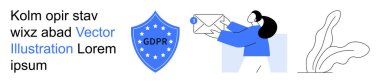Dijital gizlilik, veri koruması, GDPR uyumu, e-posta iletişimi, güvenli mesajlaşma, çevrimiçi güvenlik. GDPR etiketli bir kalkan, soyut e-posta dekoru tutan bir kadın. GDPR ve veri koruma kavramı