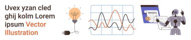 Yenilik, otomasyon, veri görselleştirme, enerji verimliliği, fintech, iş çözümleri. Bir robot, ampulleri ve online faturaları gösteriyor. Yenilik ve otomasyon kavramları