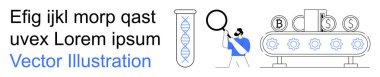 Araştırma ve bilim, kripto para birimi, biyoteknoloji, engelleme zinciri, yenilik, otomasyon. Bir bilimadamı DNA test tüpünü inceliyor, engelleme zinciri esinlenilmiş makine bozuk paraları işliyor. Araştırma.