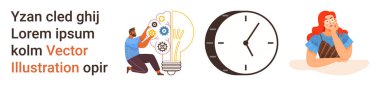 Yaratıcılık, yenilik, zaman yönetimi, verimlilik, ilham ve konsantrasyon. Adamın biri ampul, saat ve düşünceli bir kadının dişlileriyle etkileşime giriyor. Yaratıcılık ve zaman yönetimi