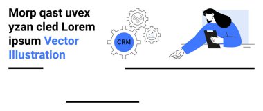 İş çözümleri, CRM, analitik, takım çalışması, müşteri desteği, yönetim. İş kadını elinde tabletle vites ve simgeleri gösteren CRM aletlerini işaret ediyor. CRM ve iş çözümleri görselleştirmesi