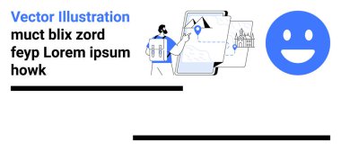 Navigasyon, harita araçları, kullanıcı arayüzleri, konum hizmetleri, seyahat planlama ve teknoloji. Adam konum arayüzü ve mavi gülen yüz simgesi ile etkileşimde. Navigasyon ve haritalama araçları kavramı