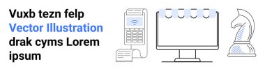Dijital dönüşüm, strateji planlaması, ödeme işlemleri, teknoloji hizmetleri, iş çözümleri, yenilik. Bilgisayar monitörü, ödeme terminali satranç şövalyesi figürü. Dijital dönüşüm