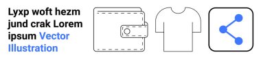Finans, dijital paylaşım, moda, ticaret, sosyal medya, teknoloji. Cüzdanın, tişörtün ve paylaşım simgesinin asgari çizgi biçiminde simgeleri. Finans ve dijital paylaşım kavramları