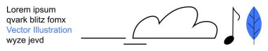 Doğa, müzik, sürdürülebilirlik, soyut tasarım, çevresel uyum, yaratıcı ifade. Minimalist bulut, nota ve mavi bir yaprak. Doğa ve müzik basitlikle resmedilmiş