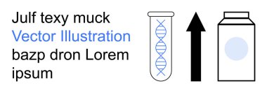 Bilimsel araştırma, ürün yeniliği, biyoteknoloji, gıda güvenliği, DNA testi, ambalaj. DNA iplikli test tüpü, yukarı doğru ok sütü kutusu. Bilimsel araştırma ve ürün yeniliği kavramı