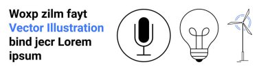Yenilenebilir enerji, iletişim, temiz teknoloji, yenilik, çevre dostu çözümler, sürdürülebilir tasarım. Mikrofon, ampul ve rüzgar türbininin minimalist simgeleri. Yenilenebilir enerji